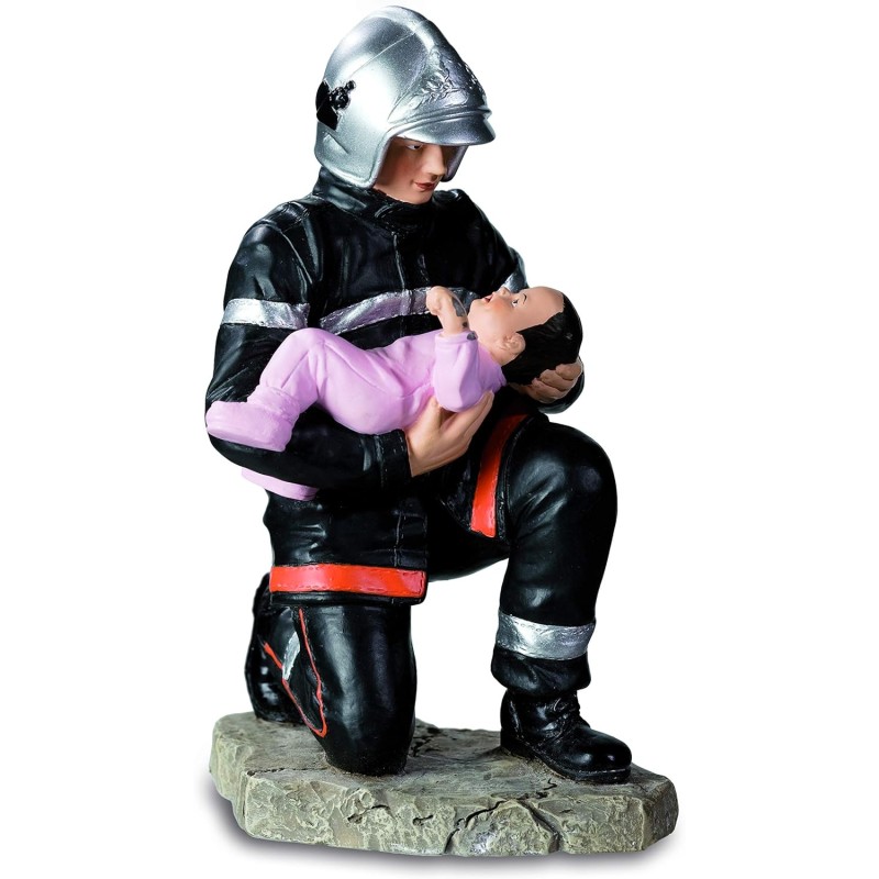 Statuette Sapeur-Pompier accroupi avec enfant